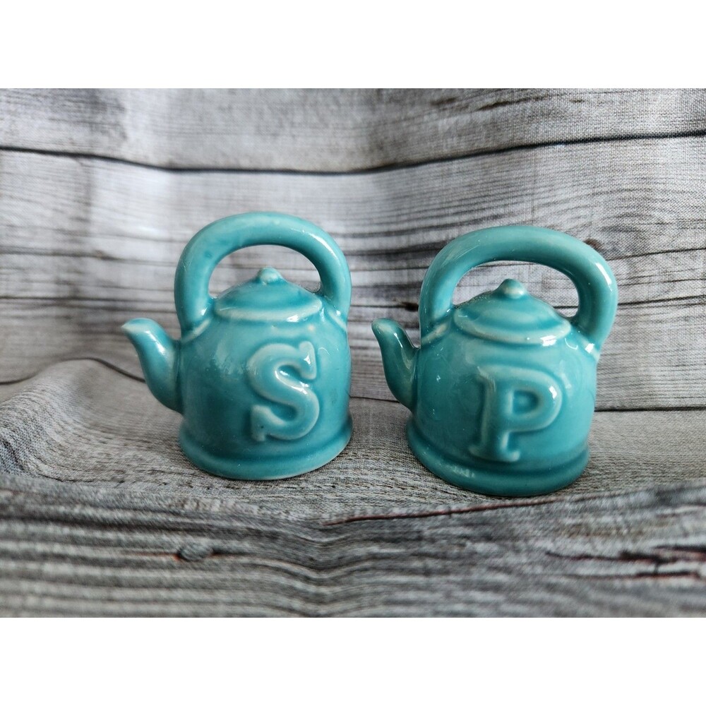 Vintage Miniature Ceramic Teapot Salt And Pepper Shaker Set Teal Blue
